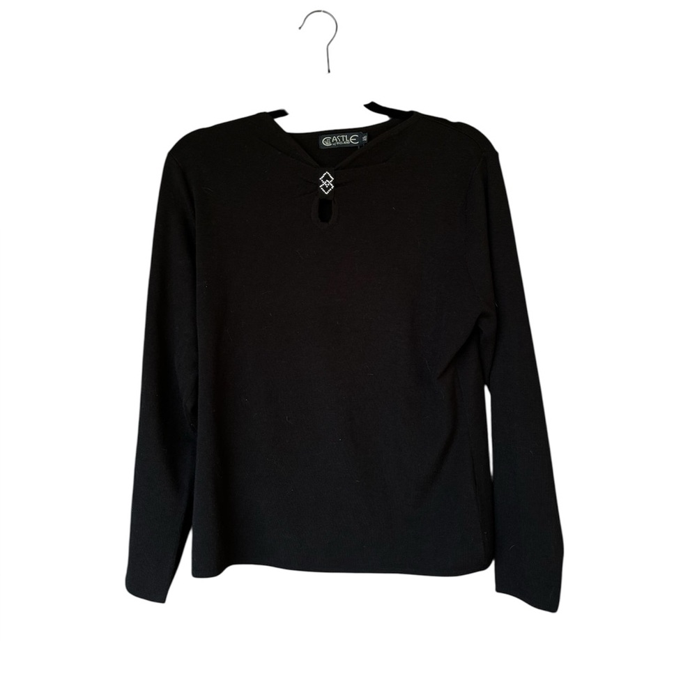 NWT Castle of Ireland‎ Wool Black Long Sleeve Keyhole Top Celtic Detail Sz L